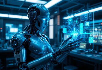 Fototapeta premium Advanced humanoid robot with sleek metallic plating and glowing blue eyes interacting with a holographic interface in a futuristic cyberpunk lab Generative AI