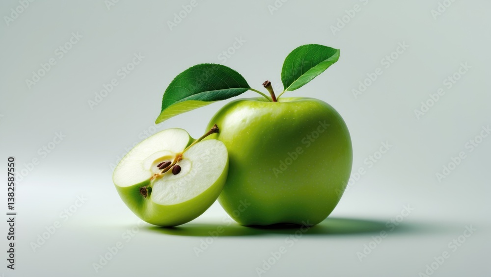 Poster one green apple and a quarter piece isolated on a white backdrop with a clipping path.
