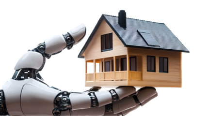 Robot hand holding model house presenting for home
