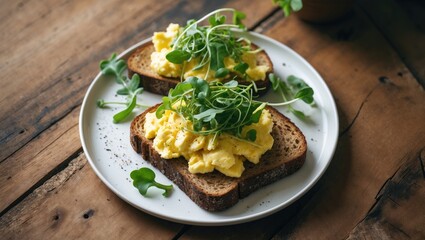 Scrambled Eggs Sandwiches for a nutritious keto breakfast. Whole grain toasts topped with scrambled eggs and fresh organic microgreens on a white plate close-up.