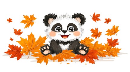 Fototapeta premium A Friendly Cartoon Panda Playing Amongst Beautiful Autumn Leaves