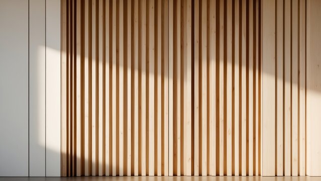 Seamless design of contemporary wall covering featuring vertical slats for backdrop.