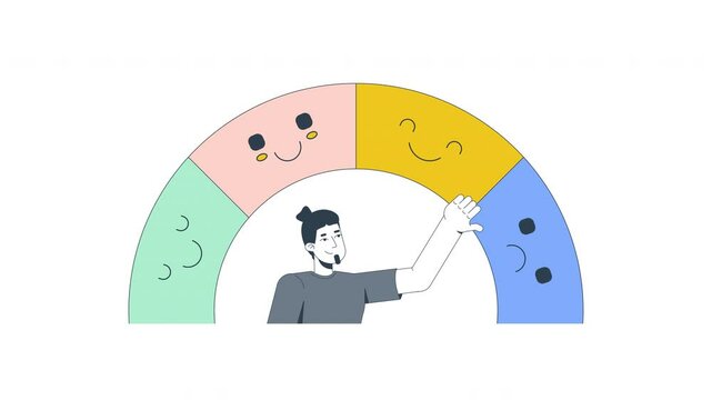 Mood tracking 2D animation. Emotional awareness. Wellbeing tracker. Self regulation. Man choosing emotions from spectrum animated character cartoon flat concept metaphor 4K video isolated on white