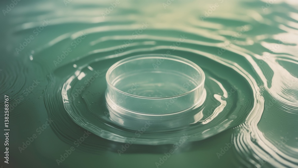 Poster Empty glass circular podium placed on clear water texture with ripples and splashes under sunlight. Abstract natural background for product showcasing. Flat lay mockup for cosmetics.