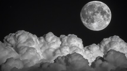 Obraz premium The radiant moon shines above fluffy clouds in the dark night