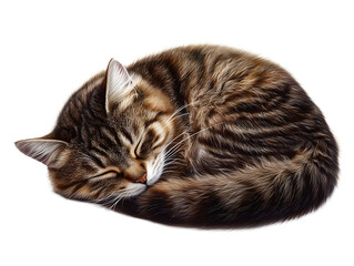Fluffy tabby cat curled sleeping closed eyes  isolated on white background