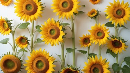 Collection of vibrant sunflowers set against a white background.