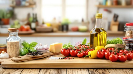 Wooden table on blurred kitchen bench background. food ingredient on wooden table and blurred kitchen background .