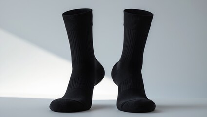 Pair of black warm wool socks. Isolated on a light background, close-up, overhead view.