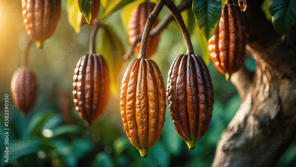 Poster cacao pods in orange color hanging on a tree in a sunny environment.