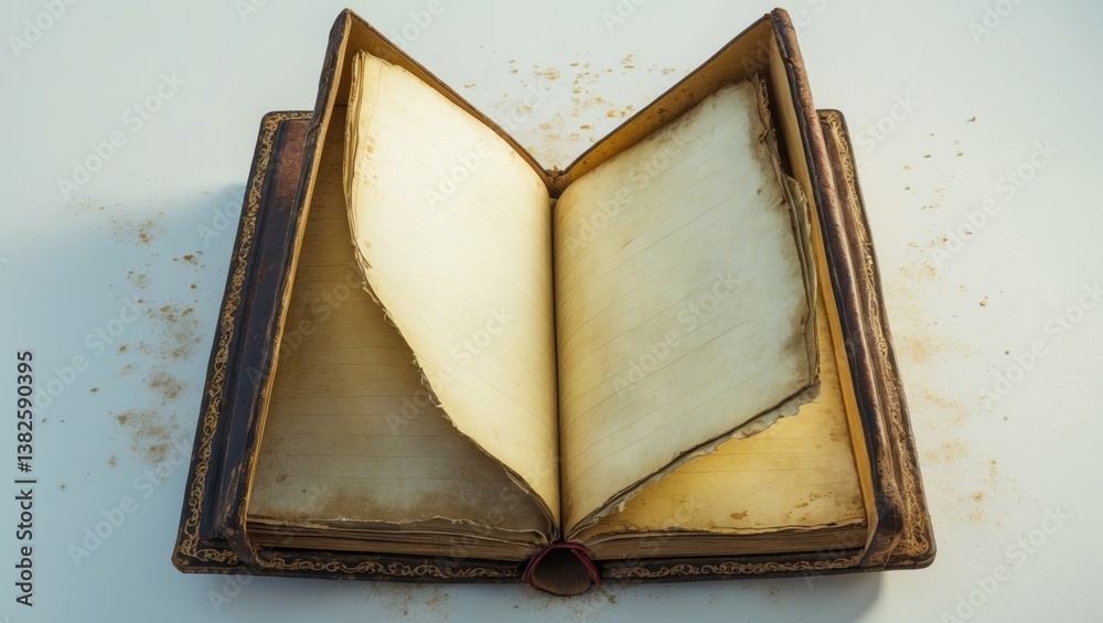 Poster Open ancient book with empty pages isolated on a white background