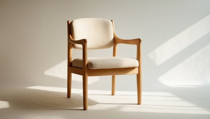Fototapeta premium Scandinavian-Inspired Wooden Armchair with Upholstery Modern Mid-Century Dining Chair for Living Room, Office, or Bedroom - Stylish Light Oak Frame Design