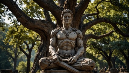 Obraz premium A statue of Phanata, fused with an ancient oak, symbolizing silent vows and nature's will