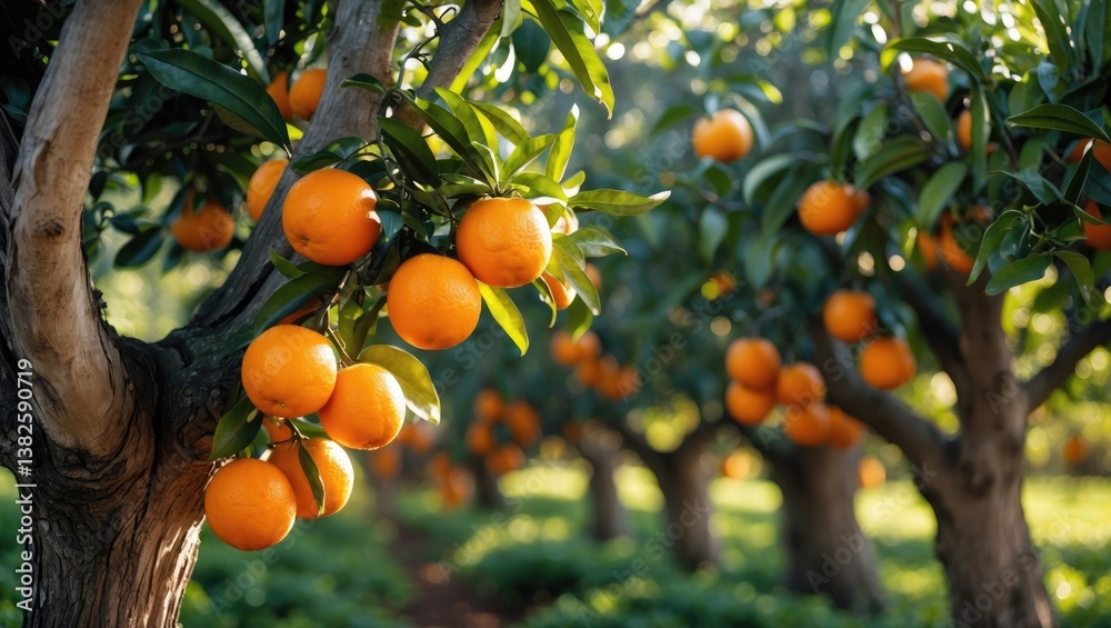 Poster orange orchard featuring ripe oranges hanging from tree branches. stunning orange trees in a fruit g