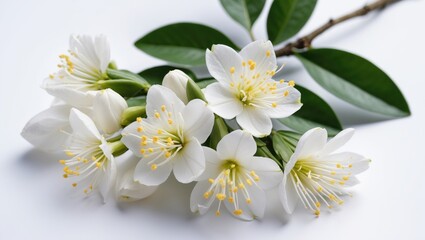Orange tree bloom against a white background. A bunch of white calamondin citrus flowers and buds. Orange blossom. Fragrant neroli flower. Closeup of beautiful flowering.