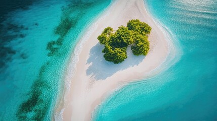 A tranquil tropical landscape featuring a small island surrounded by turquoise waters and golden sandy beaches during early morning light