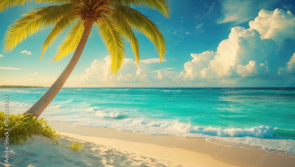 Poster summer background featuring a palm tree at the beach, with the sea and ocean waves. resort vacation 
