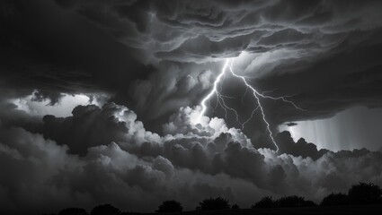 Panoramic view of a dark cloud in the evening sky featuring a thunderbolt. Intense storm with thunder, lightning, and rain during summer. Monochrome thunderbolt backdrop.