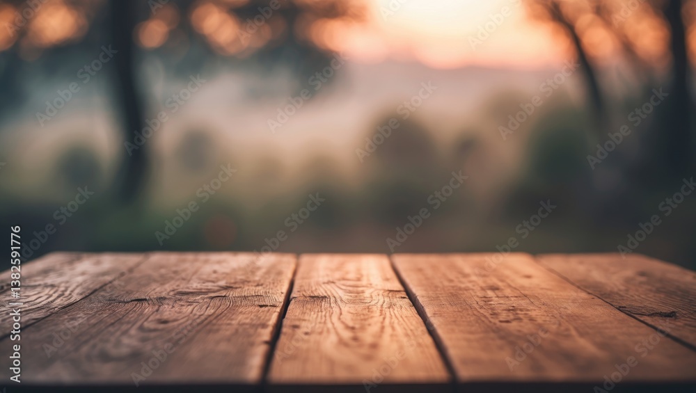 Poster old wooden table on natural background in soft light, backdrop for montage or product display