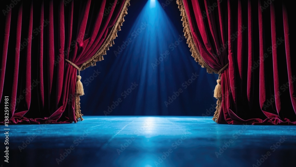 Poster open the red curtain for a stage performance illuminated by a blue spotlight.