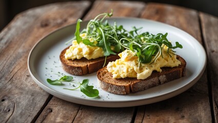 Scrambled Eggs Sandwiches for nutritious keto breakfast. Whole grain toast topped with scrambled eggs and organic microgreens on a white plate, close-up.