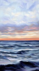 Obraz premium Artistic painting of a majestic sunset over the ocean with waves and colorful clouds above