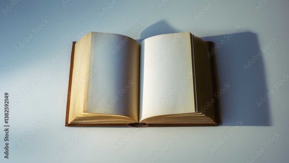 Poster open book casting a gentle shadow on a white paper background.