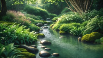 A tranquil garden stream with clear water cascading over stones, surrounded by colorful foliage and abundant plant life.