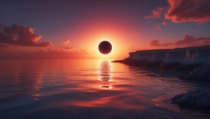 Scientific backdrop, astronomical event - complete total solar eclipse, mountains and ocean