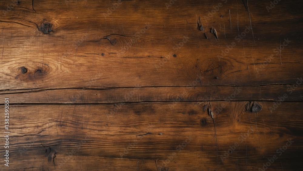Poster overhead view of the elaborately distressed surface of an aged wooden table.
