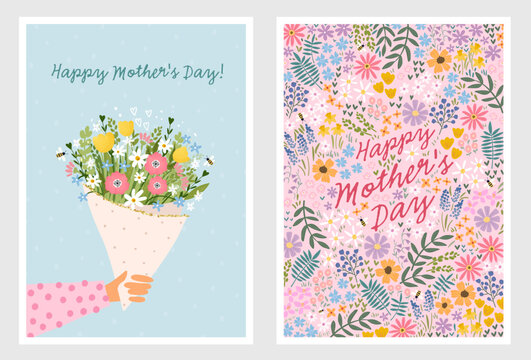 Lovely hand drawn Mother's Day card design, cute flowers and hand lettering - vector