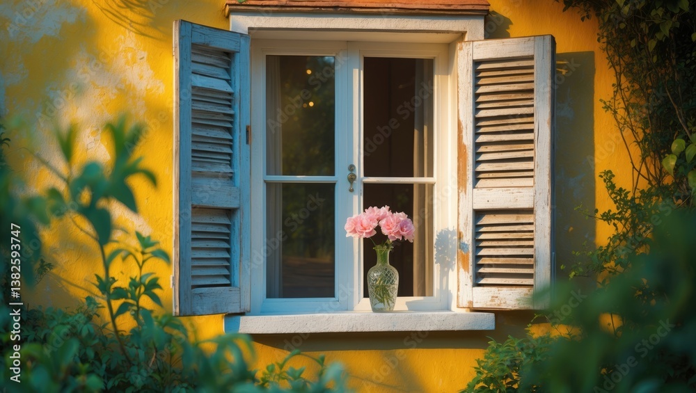 Poster open window featuring flowers on the windowsill