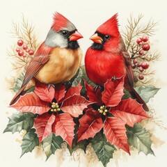 Christmas Decoration Set with Red Cardinal and Robin Birds on Poinsettia Flowers