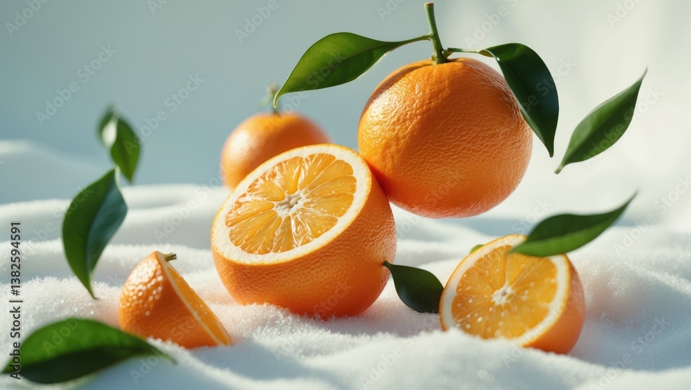 Poster orange sliced in half with leaves floating, isolated against a white backdrop.