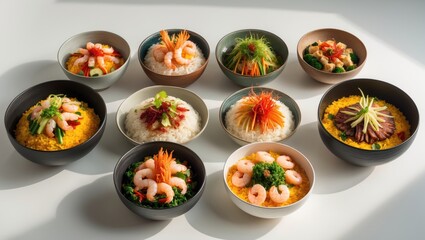 Set of bowls featuring delicious food on a white background.