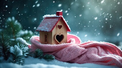 Christmas toy house wrapped in a cozy scarf, set against a snowy backdrop of a real fir tree covered in snow. Concept of winter, warmth, coziness, love, and protection.