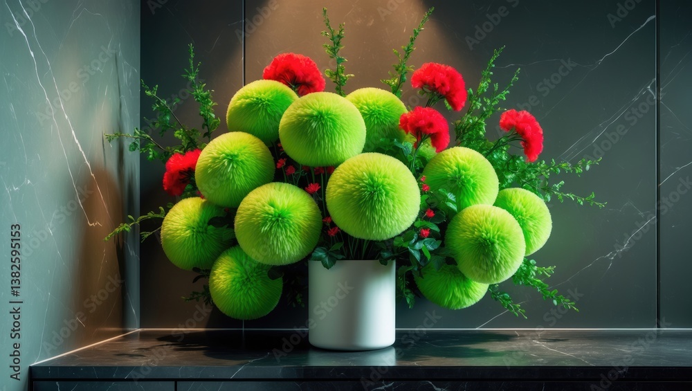 Poster ornamental plants arranged in a ceramic vase on shelves against a tiled background with space availa