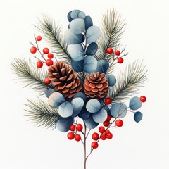 Winter Botanical Arrangement Watercolor Illustration with Pine Needles Red Berries Pinecones Eucalyptus for Seasonal Floral Decor