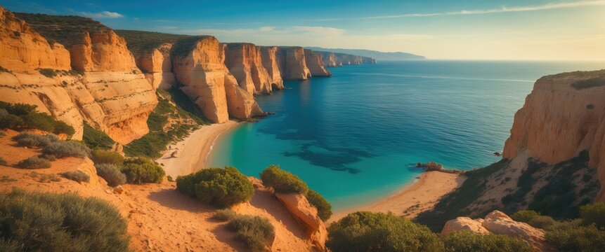 Scenic views of the ocean from an elevation. Rugged coastline of the sea. Sandstone cliffs.