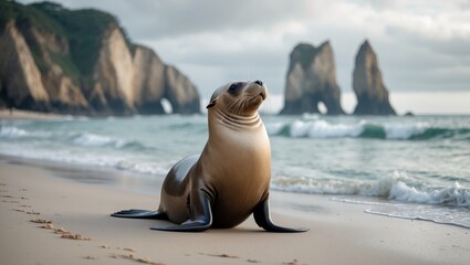 Fototapeta premium Sea lion on the shore with the rock formation in the background.