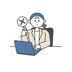 ノートパソコンを開いてバツ印を立てる女性