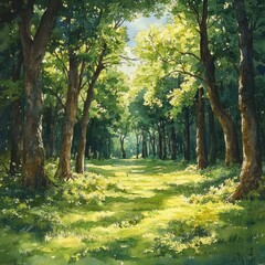 Fototapeta premium Watercolor Seamless Pattern of Forest Trees including Oak Pine Fir and Bushes Natural Landscape Illustration