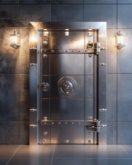 Vault Door with Lamps: A formidable metallic vault door, radiating security and solidity, adorned with vintage lamps, within a luxurious, dimly lit space.