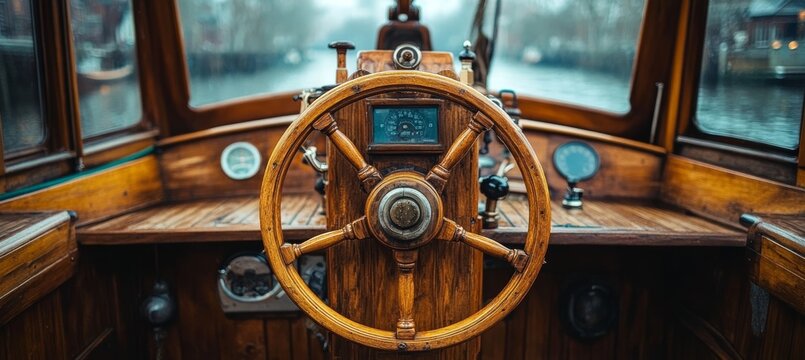 Wooden ship boat wheelhouse interior. Generative AI technology.	
