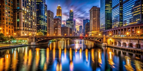 Obraz premium Chicago River Bridge Night Lights Reflection Cityscape Stock Photo