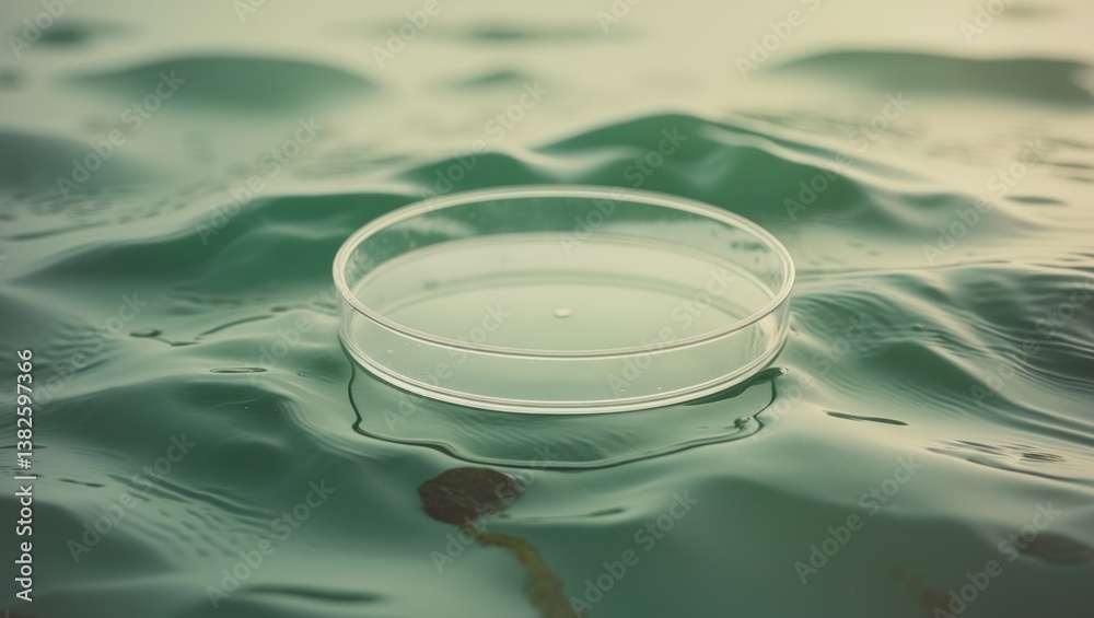 Aufkleber Empty glass circular podium resting on transparent clear water surface with waves and splashes in sunlight. Abstract nature backdrop for product display. Flat lay cosmetic mockup.