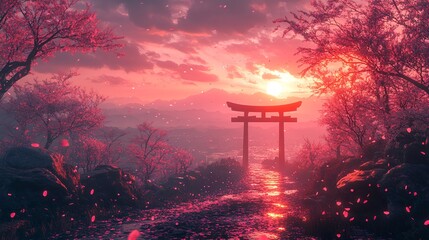 Tranquil Sakura Sunset Shrine Path of excellence in splendor beyond compare with grace in style