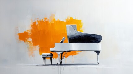 Elegant Grand Piano with Modern Artistic Background in Bright Orange Hue Creating a Striking Visual Contrast