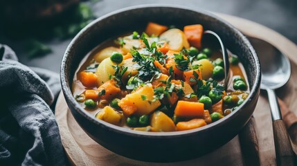 A bowl of vegan curry, filled with potatoes, carrots, peas, parsley, and pumpkin, is served on the kitchen table.
