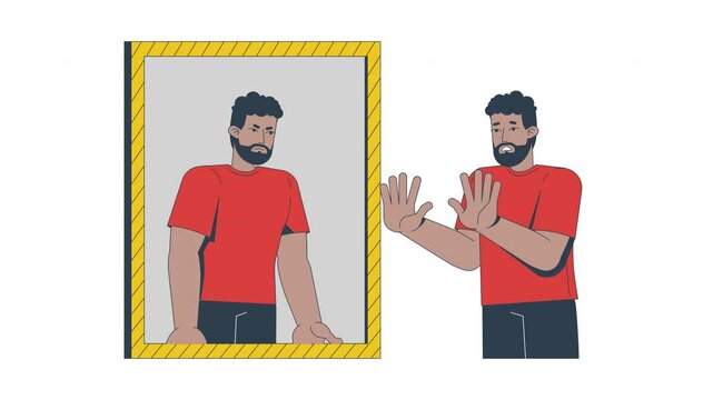 Low self esteem mirror 2D animation. Insecurity, inner critic. Mental health. Black man facing harsh negative self-image animated character cartoon flat concept metaphor 4K video isolated on white